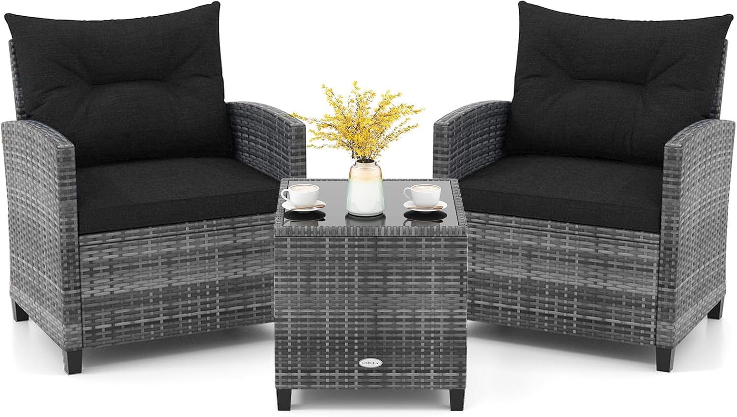 KOTEK 3 Piece Patio Furniture Set, Outdoor PE Rattan Conversation Set with Washable Cushions & Tempered Glass Tabletop, Wicker Chairs and Table Set for Porch, Garden, Balcony (Black)