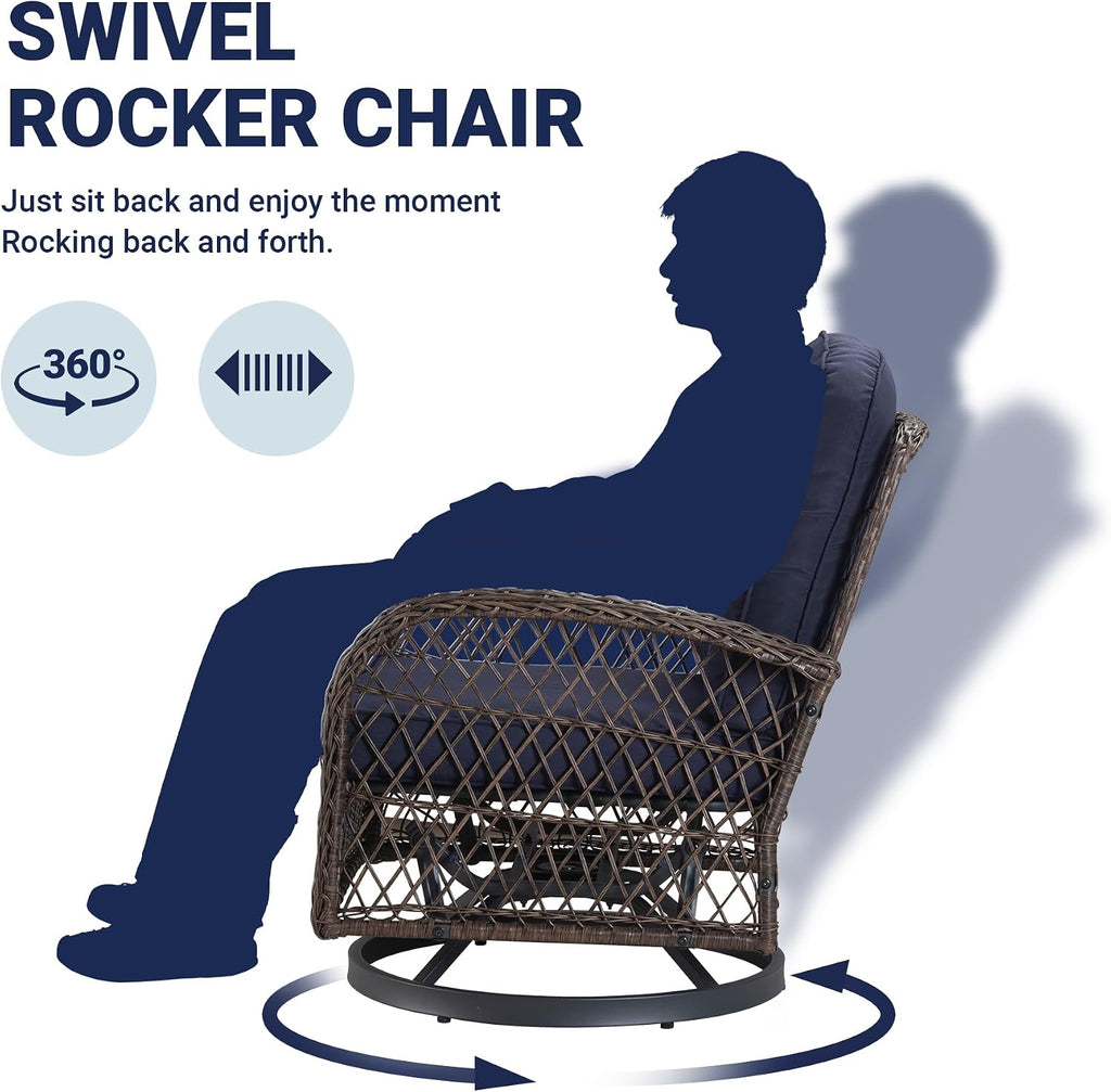 Allewie Patio Furniture Set, 3 Piece Wicker Patio Bistro Set Swivel Rocking Chairs Set of 2 with Coffee Table Outdoor Rattan Conversation Chairs for Porch Backyard Poolside, Blue