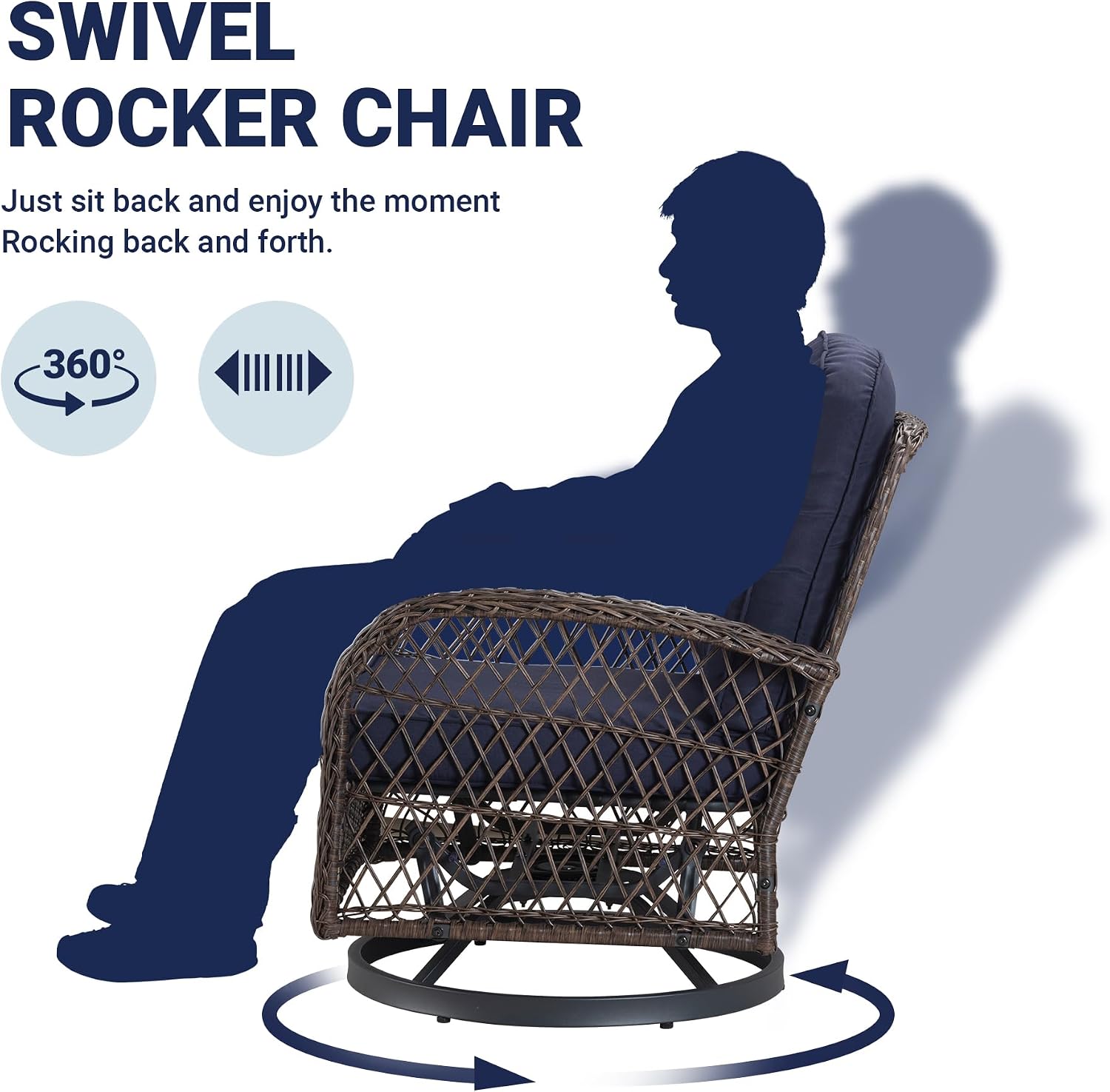 Allewie Patio Furniture Set, 3 Piece Wicker Patio Bistro Set Swivel Rocking Chairs Set of 2 with Coffee Table Outdoor Rattan Conversation Chairs for Porch Backyard Poolside, Blue