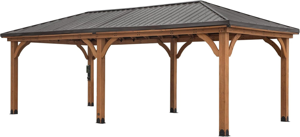 Backyard Discovery Barrington 24' x 12' Cedar Wood Outdoor Gazebo Pavilion with Hardtop Galvanized Steel Hip Roof, Snow Support, Wind Resistance, PowerPort, Shade for Garden, Patio, Deck, Entertaining