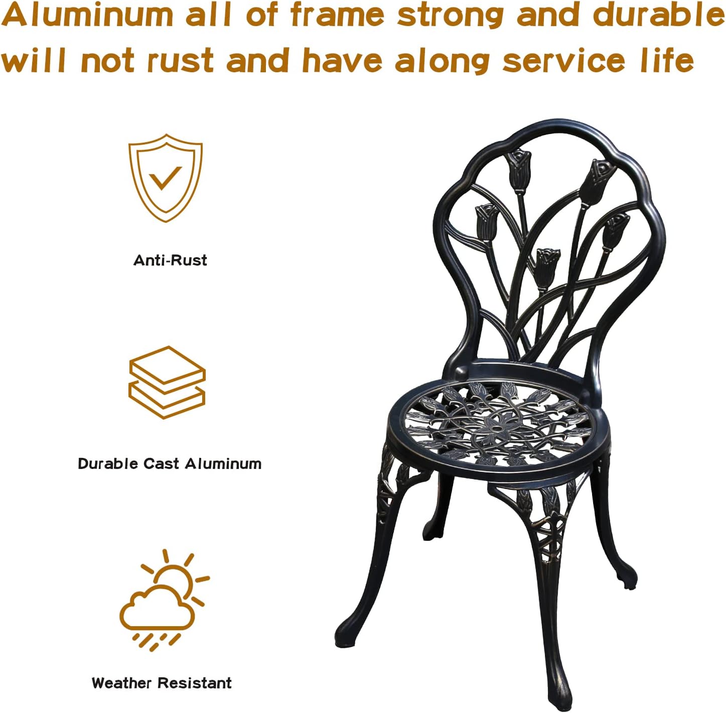 YKSY&YKSY Patio Bistro Set.Rust-Resistant Cast Aluminum Bistro Table Set with Umbrella Hole for Backyard (Tulip Copper)