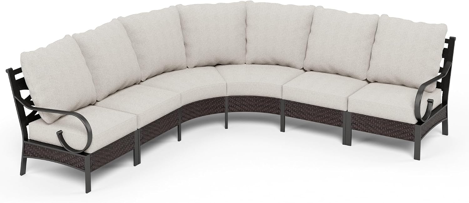 PHI VILLA 6 Piece Half Moon Patio Furniture Set, Outdoor Curved Wicker&Metal Sectional Conversation Set for Garden Balcony and Backyard