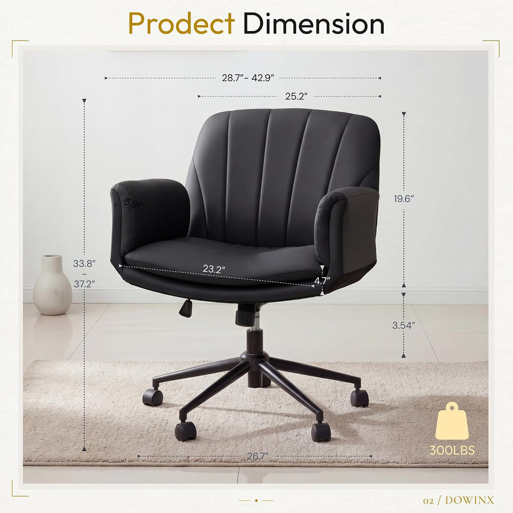 Dowinx Criss Cross Chair with Five-Level Adjustable Arms and Wheels - Comfortable Ergonomic PU Leather Swivel Vanity Chair - Computer Makeup Gaming Chair for Home Office, Bedroom, Living Room (Black)