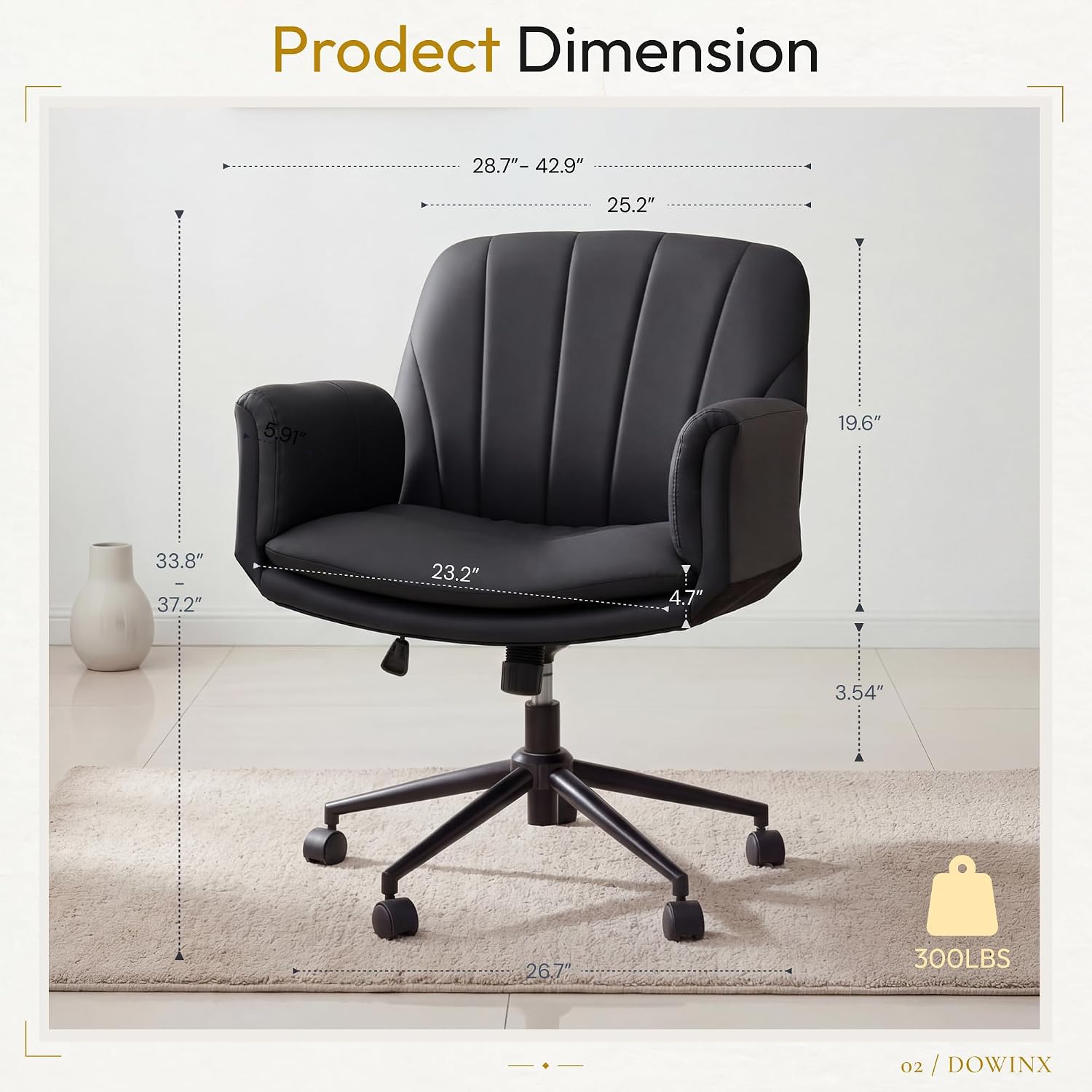 Dowinx Criss Cross Chair with Five-Level Adjustable Arms and Wheels - Comfortable Ergonomic PU Leather Swivel Vanity Chair - Computer Makeup Gaming Chair for Home Office, Bedroom, Living Room (Black)