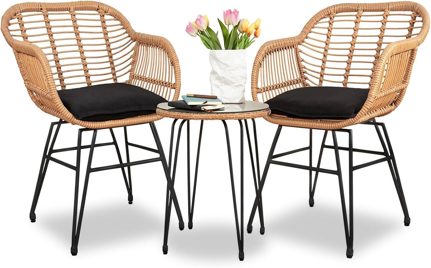 3 Piece Outdoor Wicker Furniture Bistro Set, Rattan Chairs Conversation Sets Wicker Patio Furniture for Balcony Poolside Backyard, Black