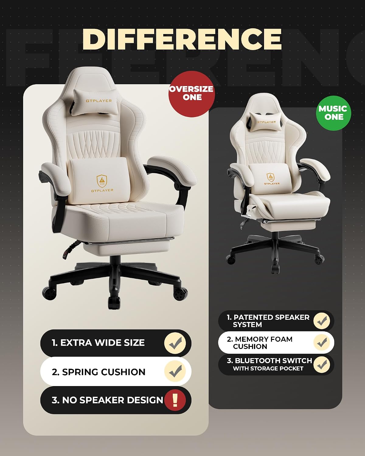 GTPLAYER Gaming Chair for Adults, Ergonomic Video Game Chairs, Footrest & Linkage Armrest, Reclining High Back Silla Gamer with Wider Seat for Home Office, Ace Pro, Cream