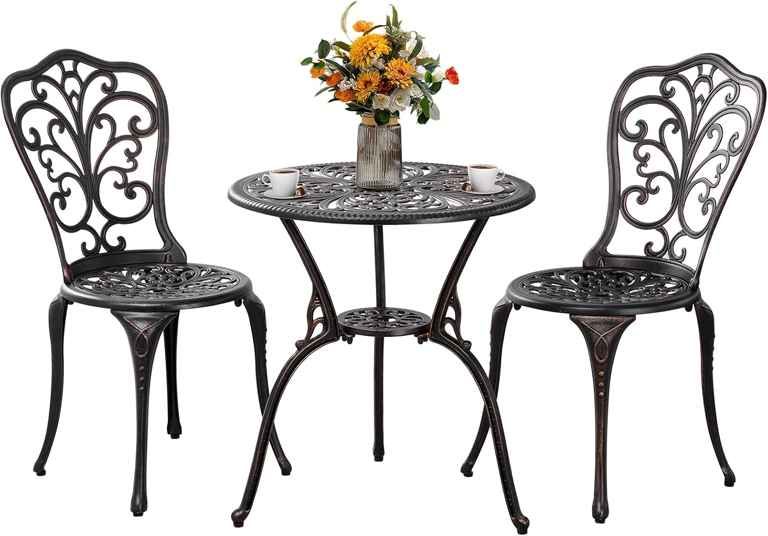 Outdoor Bistro Set 3 Piece Patio Bistro Set with Umbrella Hole, Weather Resistant Bistro Table and Chairs Set of 2 for Porch Garden, Bronze