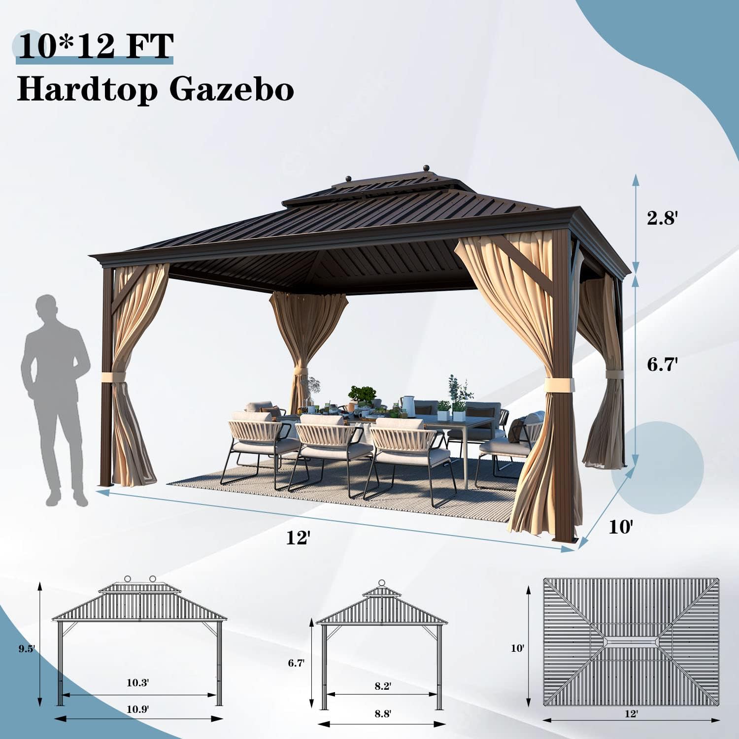MELLCOM 10'x12' Hardtop Gazebo with Galvanized Steel Double Roof, Canopy Aluminum Frame, Curtains and Netting Included, Metal Outdoor Gazebos for Patios, Garden, Lawns, Parties