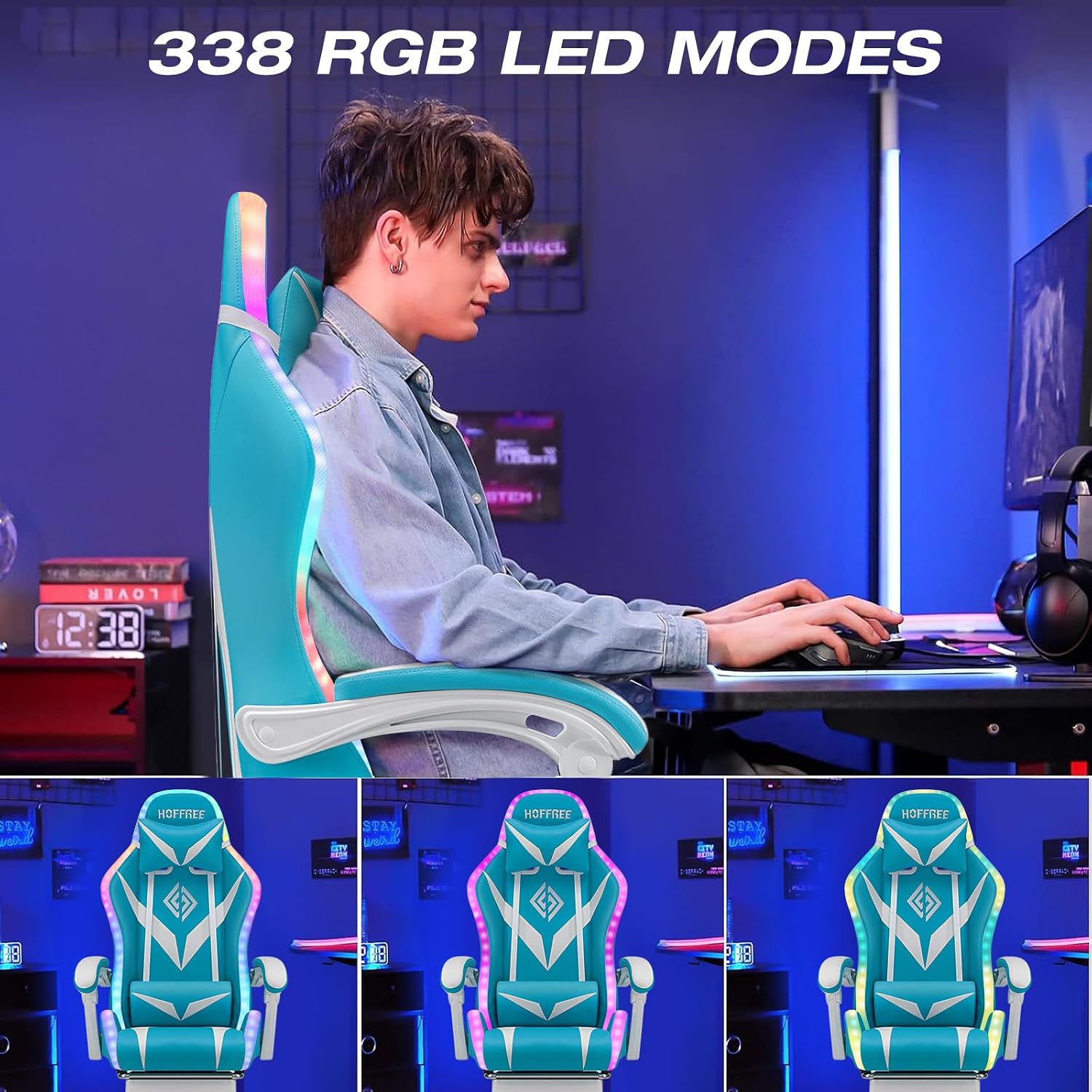 RGB Gaming Chair with LED Lights and Massage Ergonomic Computer Chair Cute with Footrest High Back Video Game Chair with Adjustable Lumbar Support Linkage Armrest Light Blue and White
