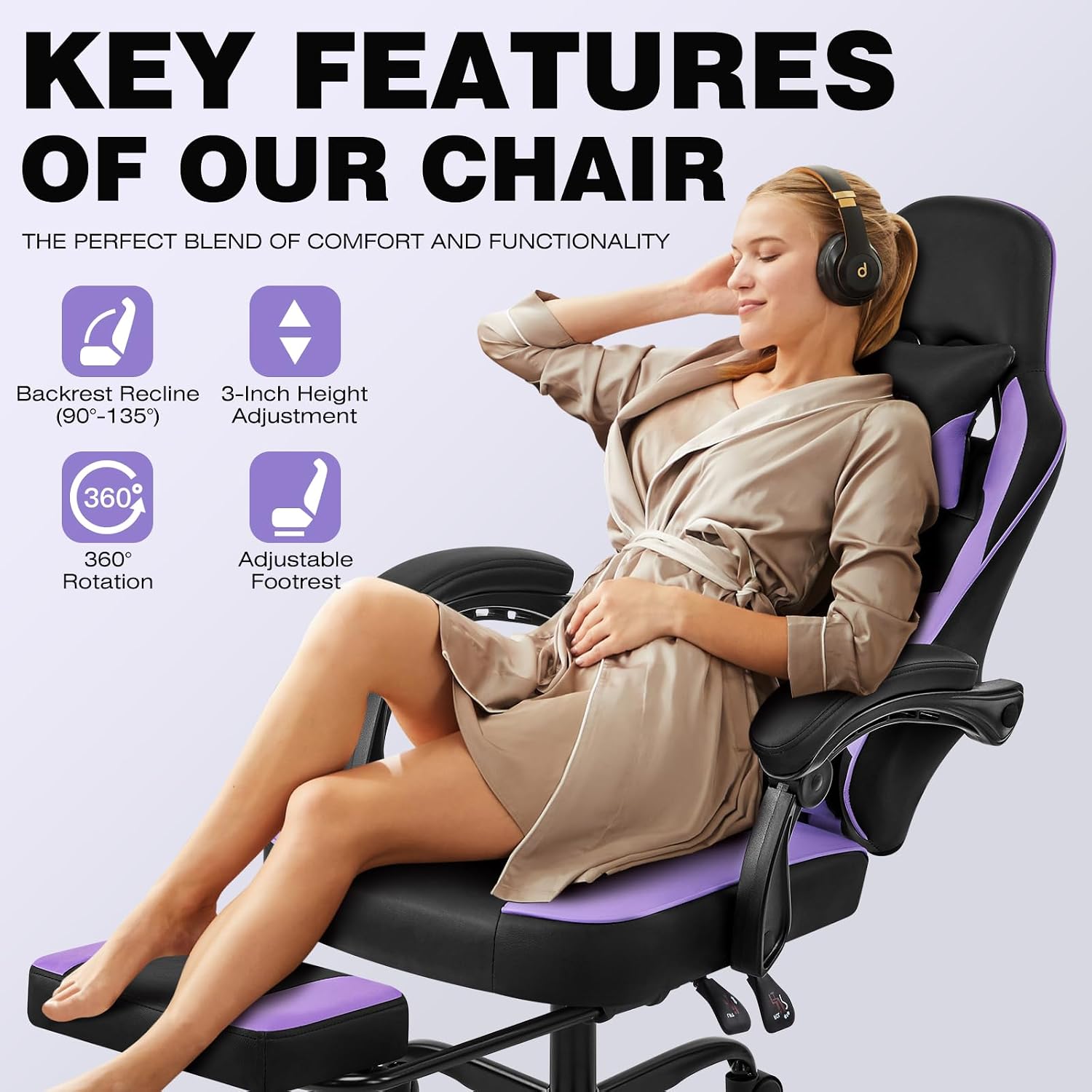 Gaming Chair, Purple Gaming Chairs for Adults Teens, High-Back Ergonomic Computer Chair with Extended Footrest, Removable Headrest & Lumbar Support, Wide PU Leather Reclining Desk Chair