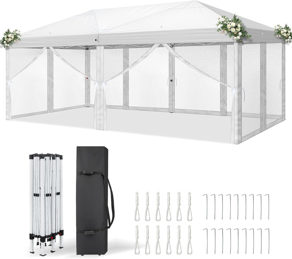 VINGLI 10x20 Pop Up Canopy with Sidewalls Carry Bag Easy Up Canopy Tent with Nettings, Screened in Gazebo for Camping Screened Canopy (White, 10x20)