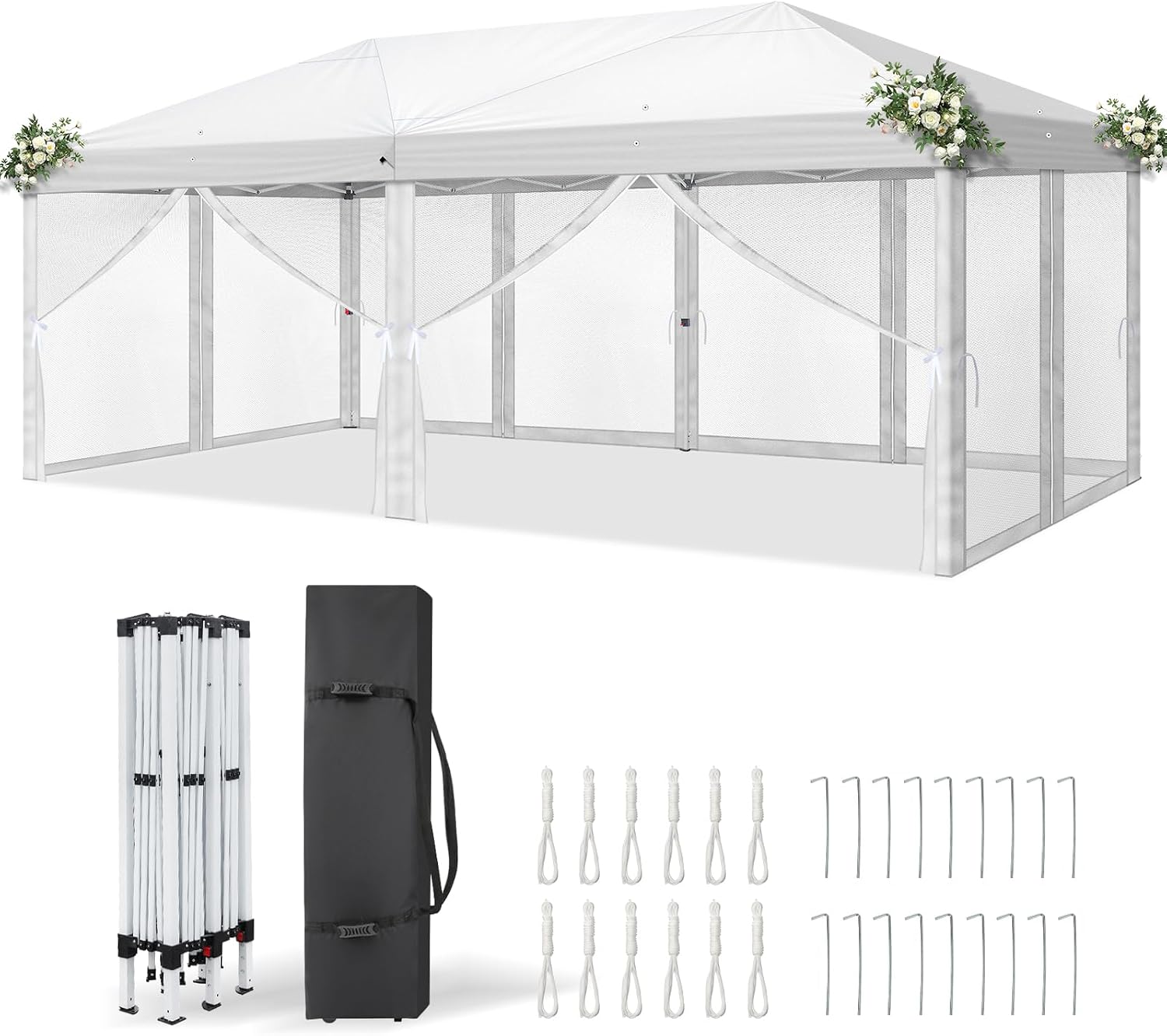 VINGLI 10x20 Pop Up Canopy with Sidewalls Carry Bag Easy Up Canopy Tent with Nettings, Screened in Gazebo for Camping Screened Canopy (White, 10x20)