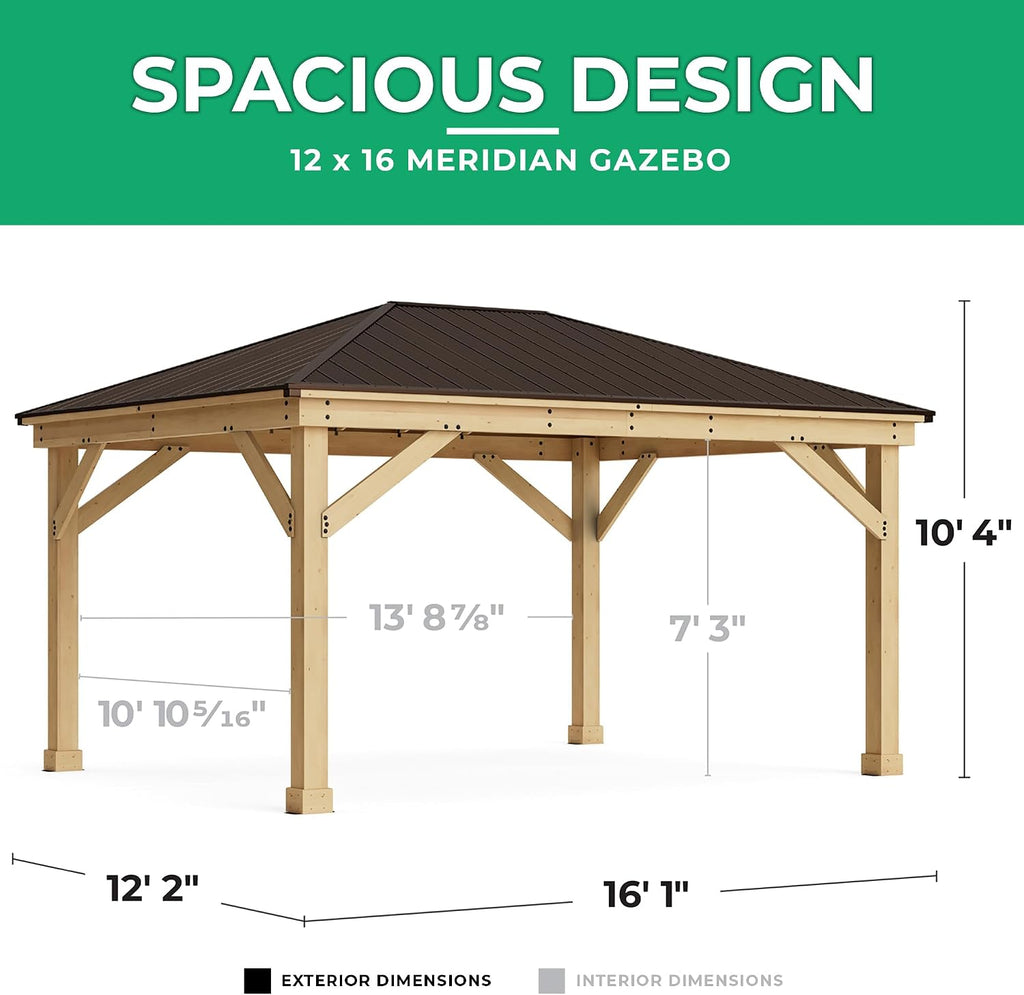 Yardistry 12 x 16 Meridian Cedar Wood Gazebo Pavilion for Patios, Decks, Garden, Backyard, Durable, Aluminum Roof