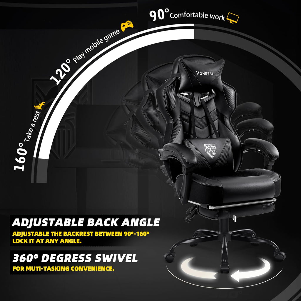 Vonesse Gaming Chair, High Back Office Chair with Footrest and Massage, Gaming Chairs for Adults with Pocket Spring Cushion, Big and Tall Reclining Computer Chair with Lumbar Support (Classic Black)