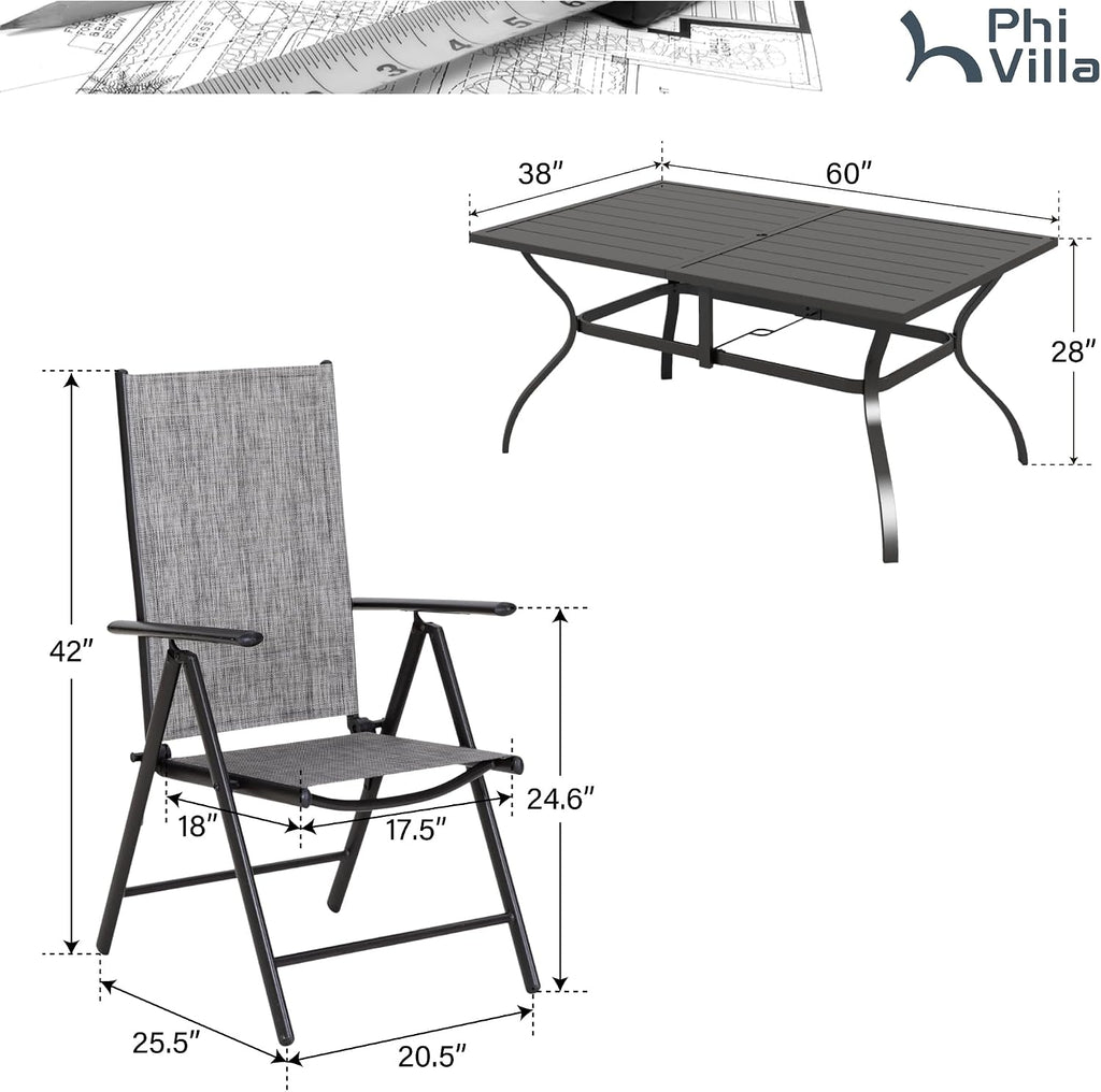 PHI VILLA 7 Piece Patio Dining Set with Outdoor Table and Chairs, Outdoor Dining Set with 6 Patio Folding Sling Chair with Armrest & 1 Rectangle Patio Dining Table with 1.57' Umbrella Hole (Grey)