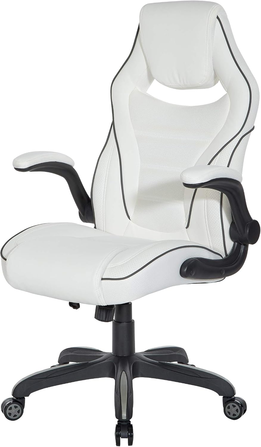 OSP Home Furnishings Xeno Ergonomic Adjustable Faux Leather Gaming Chair with Integrated Headrest and Airflow Cooling Material, White with Black Accents