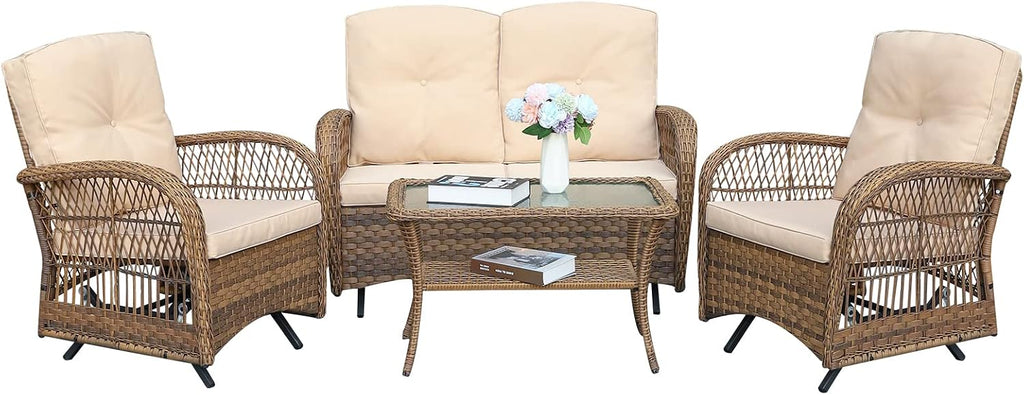 MEETWARM 4 Pieces Outdoor Wicker Patio Conversation Sets with Glider Loveseat, 2 Chairs with Glass-Top Coffee Table Wicker Rocking Glider Set, Wicker Conversation Set with Thickened Cushions
