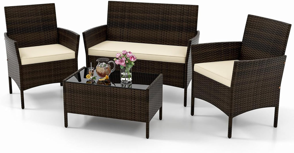 KOTEK 4 Piece Patio Furniture Set, Outdoor Rattan Conversation Set with Loveseat, Wicker Chairs, Tempered Glass Coffee Table, Wicker Patio Set for Backyard, Porch Beige