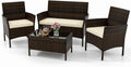 KOTEK 4 Piece Patio Furniture Set, Outdoor Rattan Conversation Set with Loveseat, Wicker Chairs, Tempered Glass Coffee Table, Wicker Patio Set for Backyard, Porch Beige