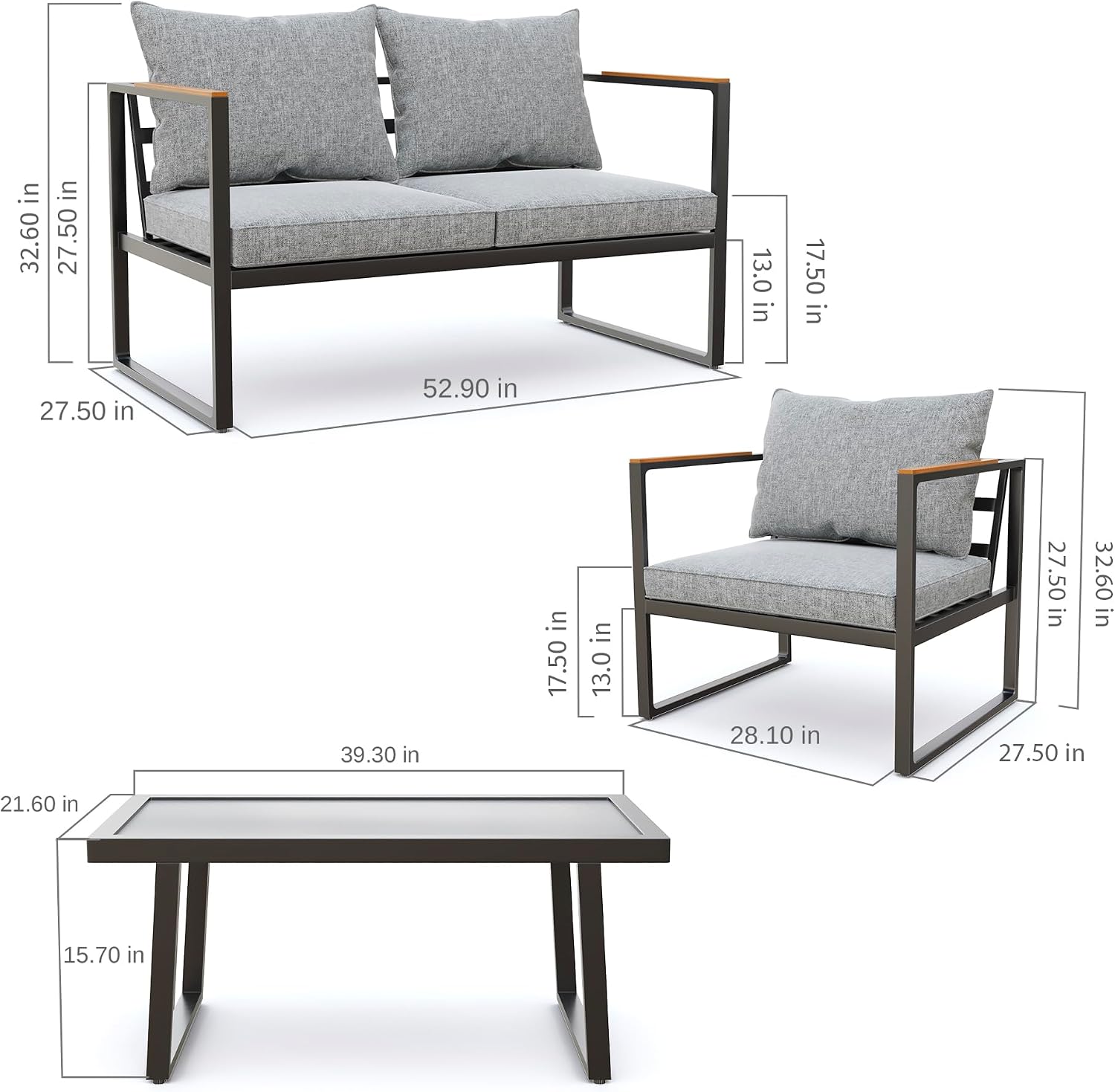 EAST OAK Courtyard Patio Furniture Set, 4-Piece Outdoor Patio Set with Sofa, Removable & Washable Deep Seating Cushion, Tempered Glass Table, Outside Patio Conversation Sets, Black & Grey