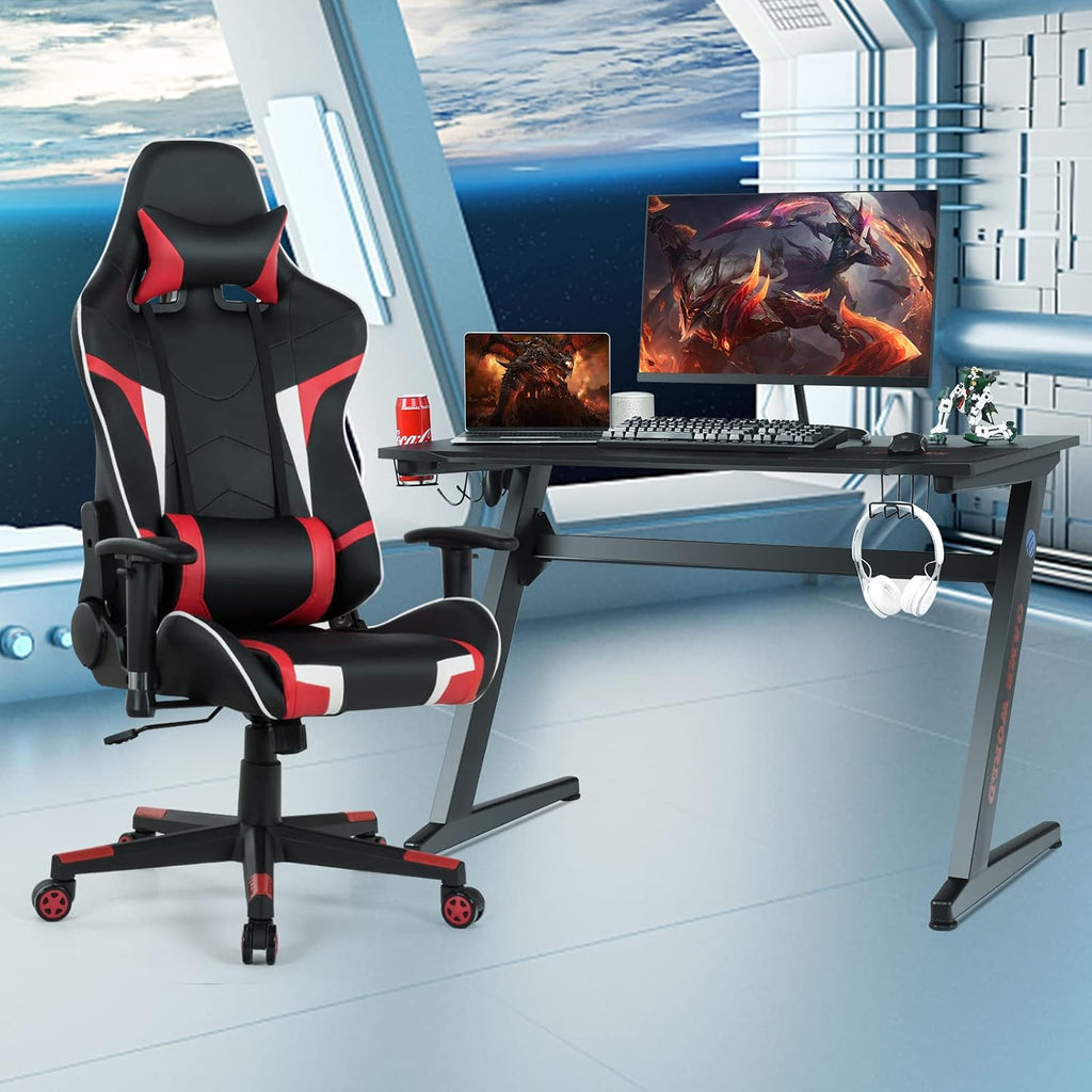GYMAX Gaming Chair, Massage Gaming Chairs for Adults with Headrest, Lumbar Support & Armrest, Video Computer Reclining Gaming Chair, Office Desk Gamer Task Chair (Red Chair with Black Z-Shape Desk)