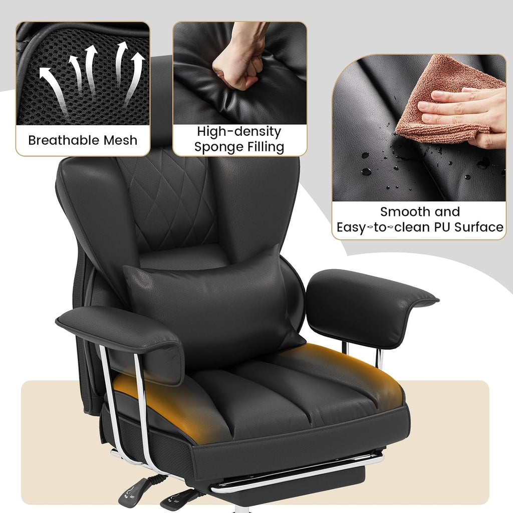 COSTWAY 400 LBS Big and Tall Office Chair, PU Leather Executive Desk Chair w/Retractable Footrest, Reclining Function, Lumbar Support, Ergonomic High Back Home Computer Task Chair (Black)