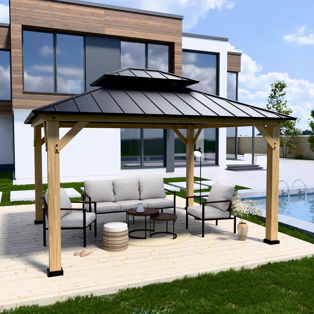 COOS BAY 11x13 Hardtop Gazebo with Cedar Wood Frame, Galvanized Steel Double Roof with UV Protection for Garden, Patio, Poolside, Backyard, Natural Wood/Black