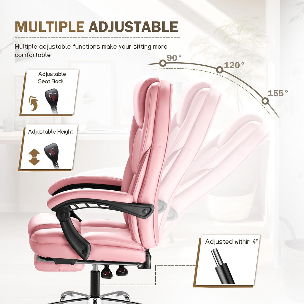 Furmax Executive Office Chair with Foot Rest Big and Tall Office Chair Ergonomic Home Office Desk Chairs Reclining High Back Leather Chair with Lumbar Support, 400LBS (Pink)