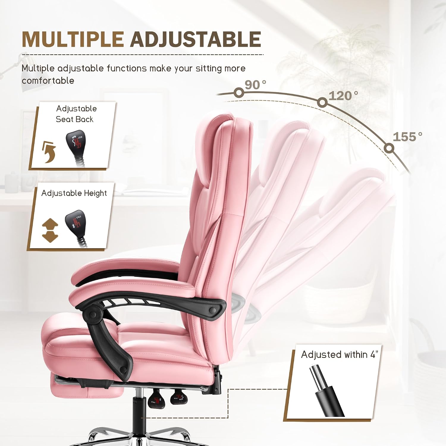 Furmax Executive Office Chair with Foot Rest Big and Tall Office Chair Ergonomic Home Office Desk Chairs Reclining High Back Leather Chair with Lumbar Support, 400LBS (Pink)