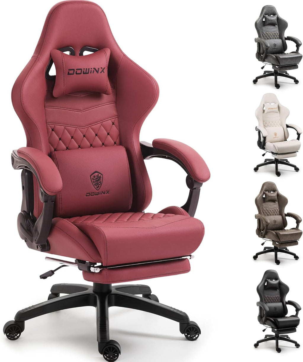 Dowinx Big & Tall Vintage Gaming Chair for Adults, 400 lb Capacity Heavy Duty Ergonomic Computer Chair with Massage Lumbar, Footrest & Easy Side Recline, Red