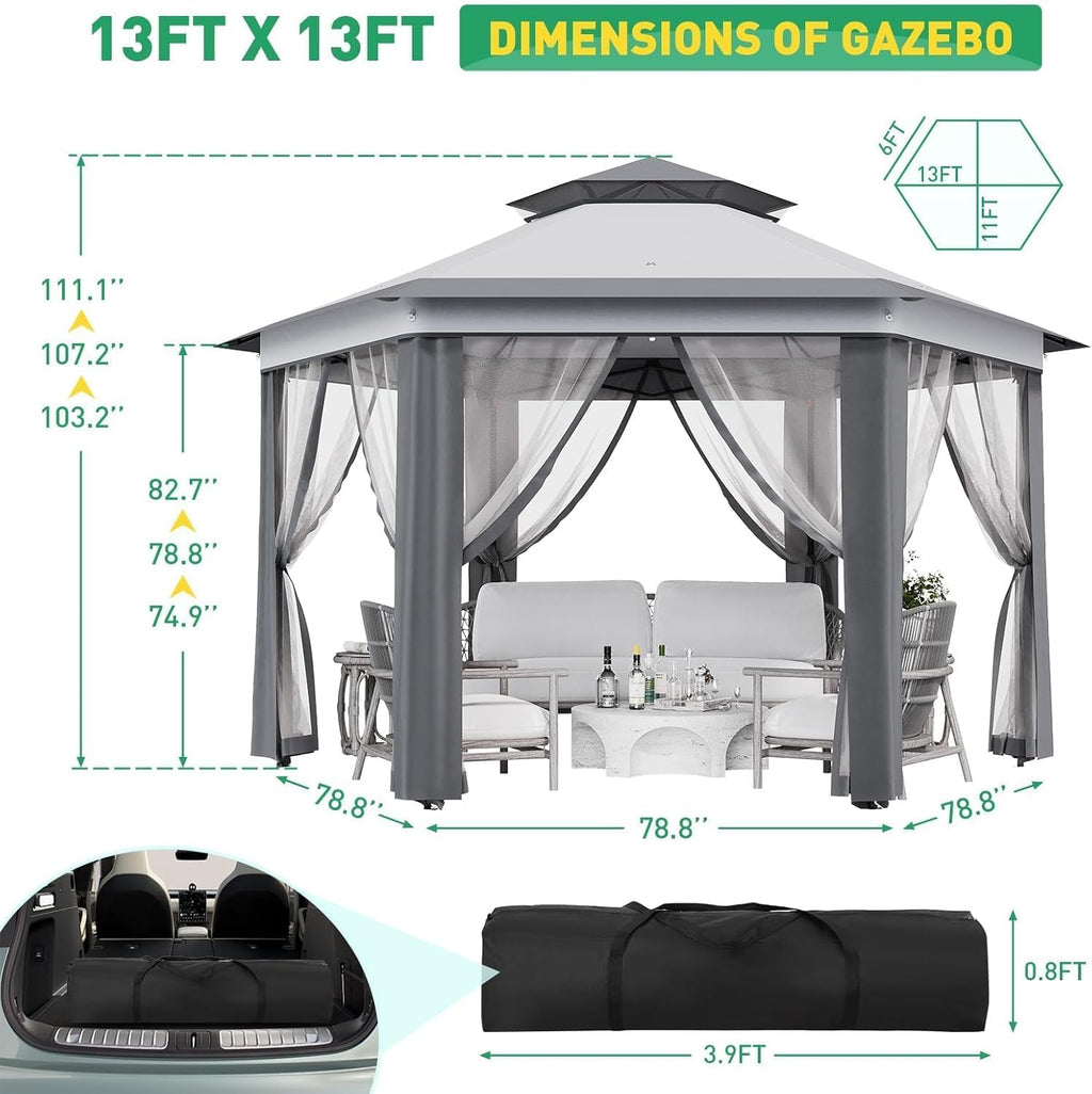 13x13ft Pop Up Gazebo, Outdoor Gazebo with 6 Pieces of Mesh Cloth, Zipper Door & Double Roof, Adjustable Tent Pavilion, UV-Resistant Outdoor Party Tent for Backyard, Garden (Light Gray + Dark Gray)