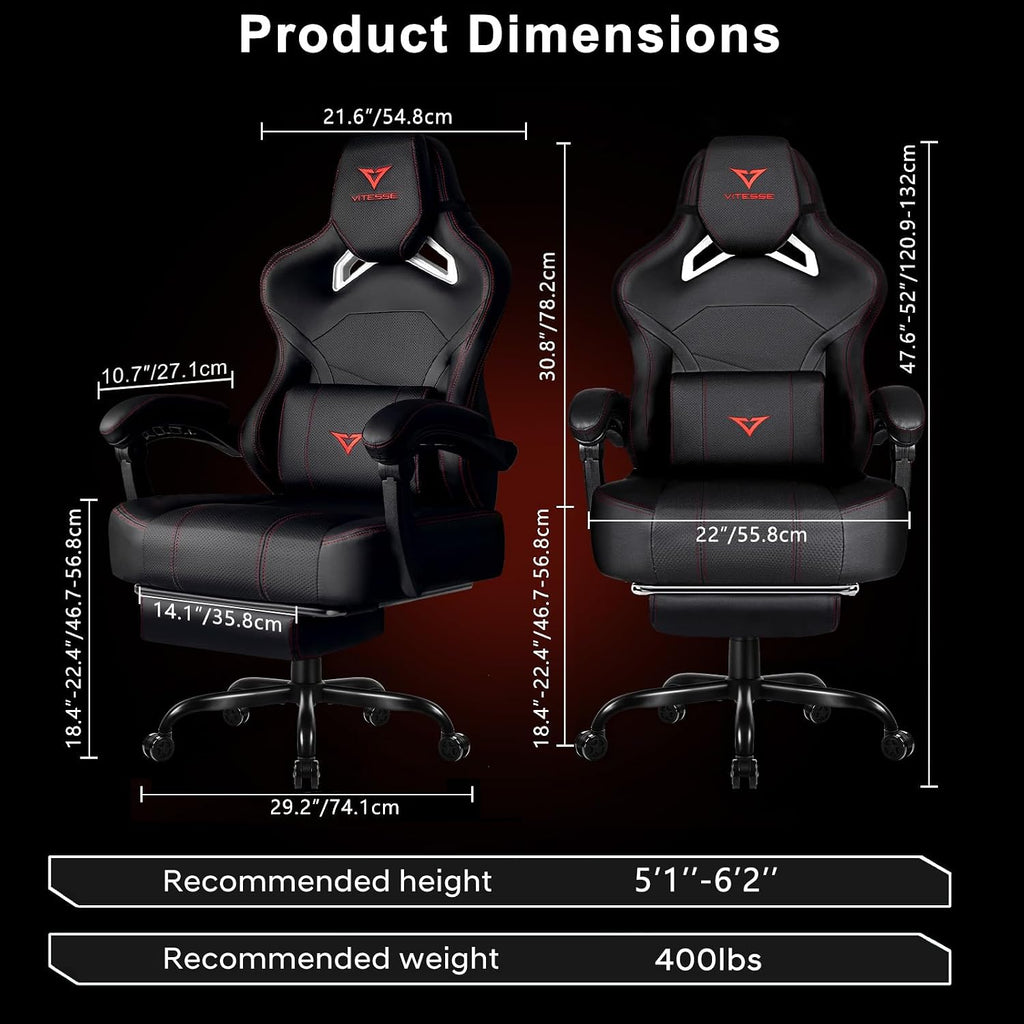 VITESSE Big and Tall Gaming Chair 400lb Weight Capacity with Footrest, Ergonomic Video Game Chair for Adults with Oversized Headrest and Lumbar Pillow, Computer Chair Gaming for Office (Black+Red)