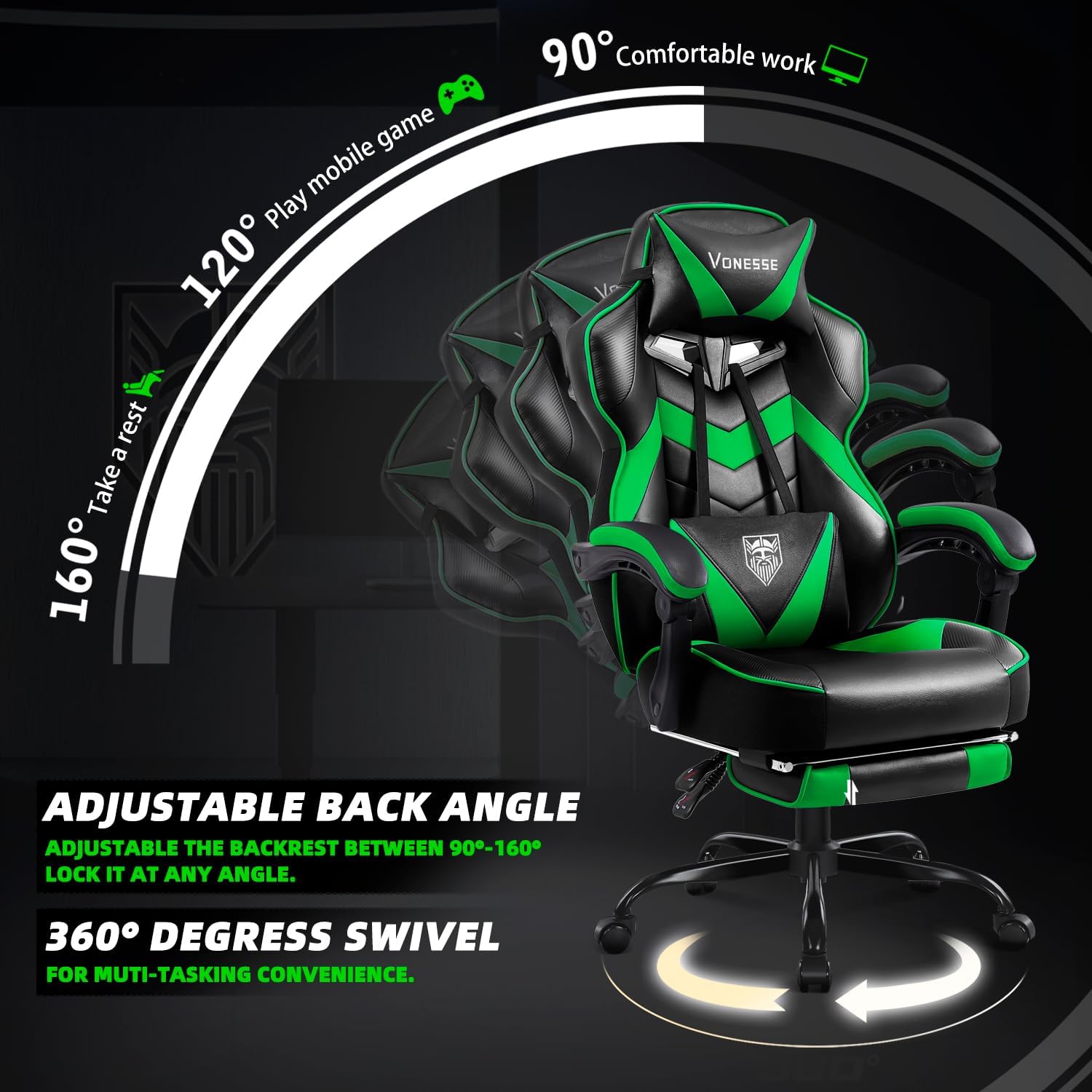 Vonesse Gaming Chair, High Back Gaming Chair with Footrest and Massage, Gaming Chairs for Adults with Pocket Spring Cushion, Big and Tall Reclining Computer Chair with Lumbar Support (Green/Black)