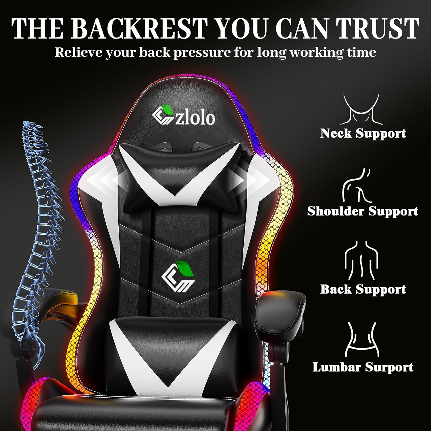 Czlolo Gaming Chair, RGB LED Lights Computer Chair with Footrest, Lumbar Support Massager Gamer Chair, High Back, 90-135° Reclining, Linkage Armrests, White