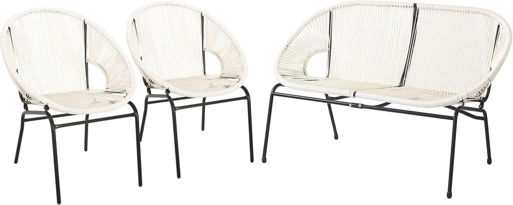 Christopher Knight Home Dessa 3 Piece Patio Furniture Set, Patio Wicker Accent Chair Set of 2 and Loveseat, Metal Frame 4 Seater Outdoor Papasan Lounge Chair Set, PE Rattan Outdoor Bistro Set, White