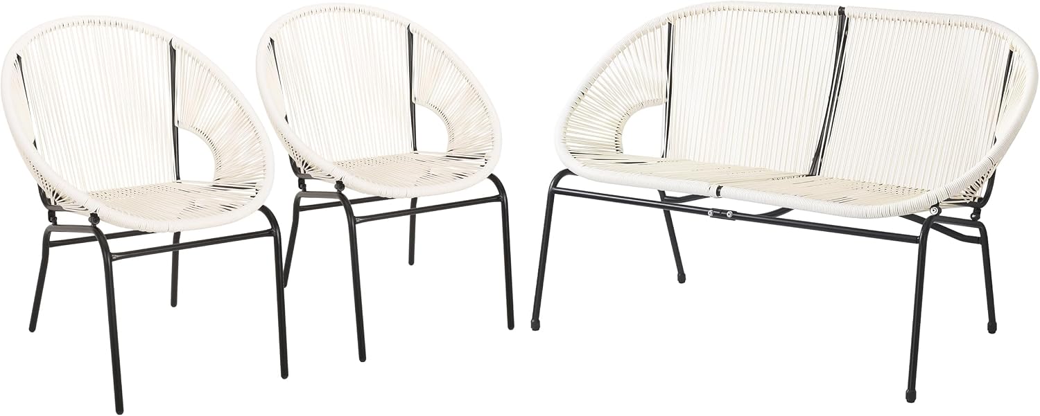 Christopher Knight Home Dessa 3 Piece Patio Furniture Set, Patio Wicker Accent Chair Set of 2 and Loveseat, Metal Frame 4 Seater Outdoor Papasan Lounge Chair Set, PE Rattan Outdoor Bistro Set, White