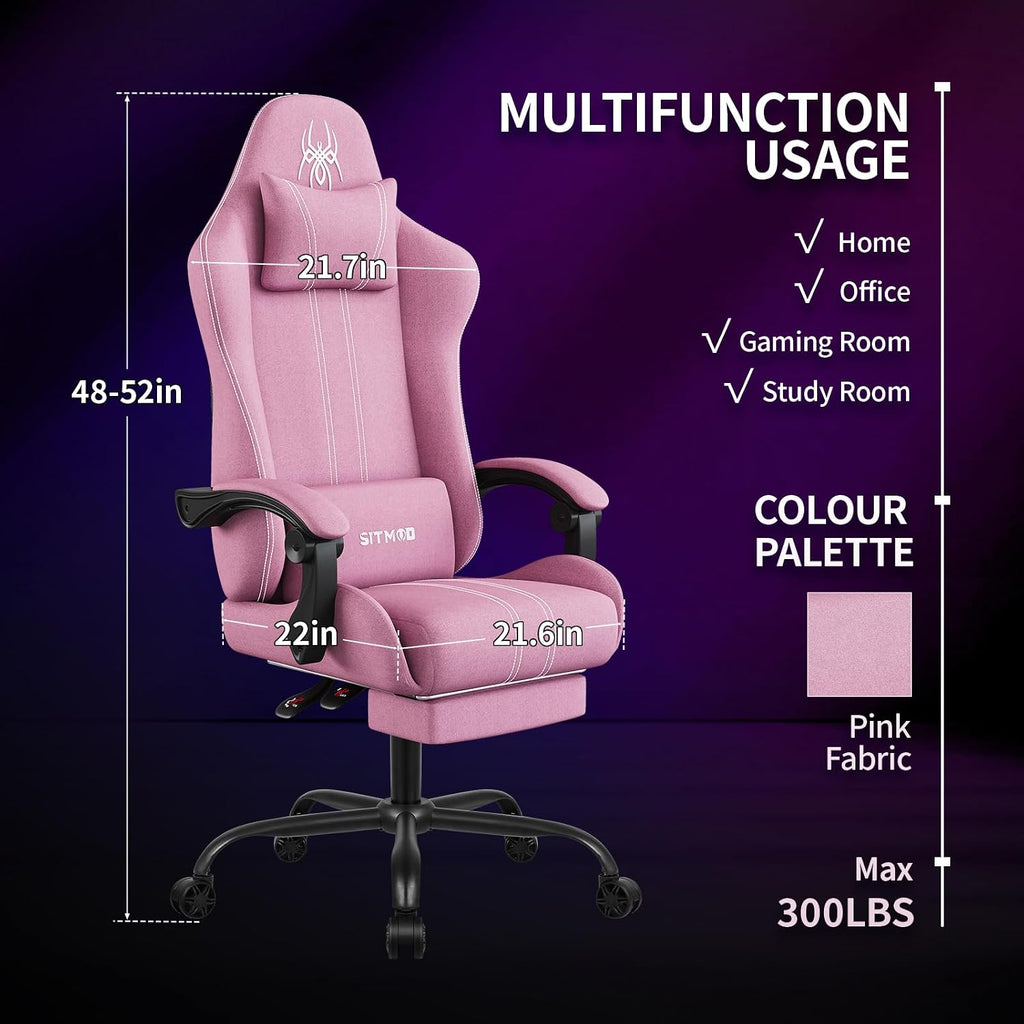 SITMOD Fabric Gaming Chair with Footrest-Breathable Computer Chair with Headrest & Lumbar Pillow,Big and Tall Ergonomic Gamer Chair for Heavy Adults,22.44' Deep Seat Gaming Chairs for Adults(Pink)