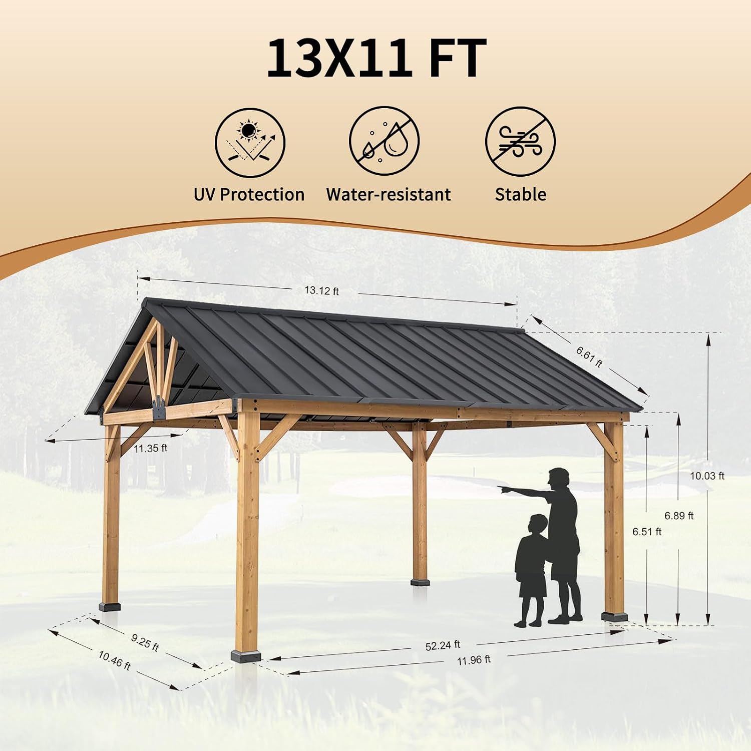 11x13 Hardtop Gazebo, Galvanized Steel Gable Roof Outdoor Pavilion with Cedar Wood Frame, Patio Gazebo for Deck, Garden, Lawn, Natural Wood/Black