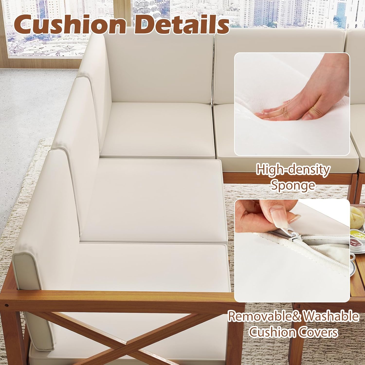 Tangkula 6 Pieces Acacia Wood Patio Furniture Set, Outdoor Sectional Conversation Set with Cushions and Coffee Table, L Shaped Corner Sofa Set for Garden, Porch, Poolside and Backyard (Off White)