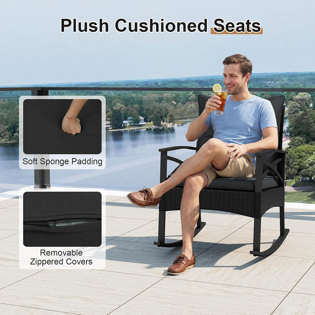 Tangkula 3 Pieces Outdoor Rocking Chairs Set, Rattan Heavy Duty Cushioned Rocker Chairs with 2-Tier Tempered Glass Coffee Table, for Garden, Balcony, Backyard (Black+Gray)