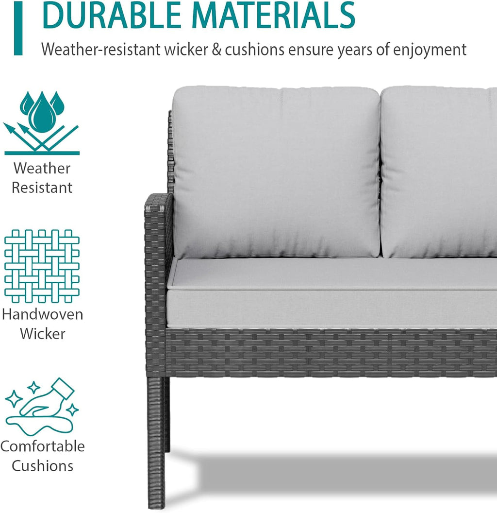 7-Piece Patio Furniture Set with Cushions and Pillows, Outdoor Wicker Sectional Sofa with Long Glass Coffee Table, All-Weather Conversation Set for Garden, Porch, Lawn, Gray