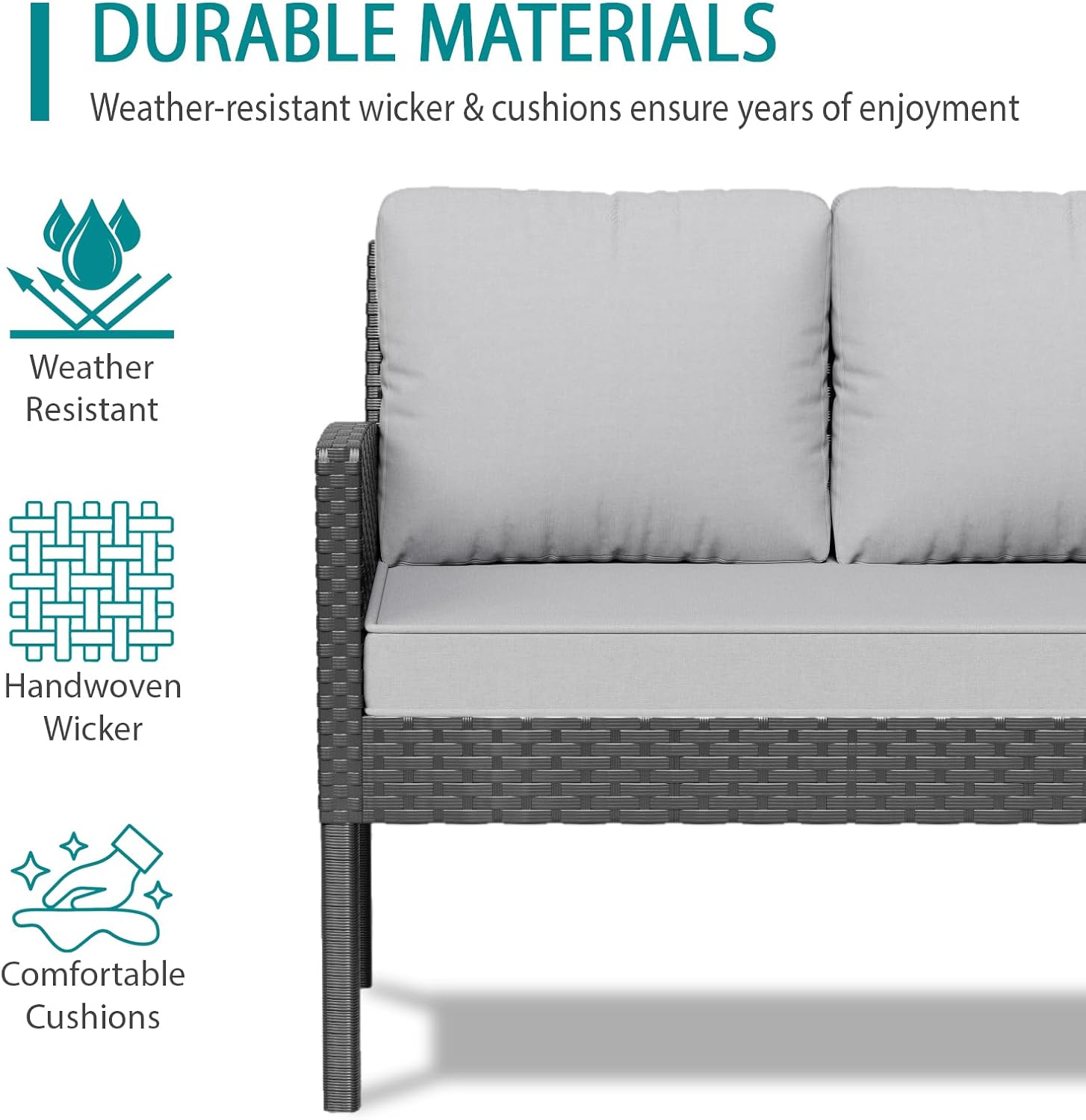7-Piece Patio Furniture Set with Cushions and Pillows, Outdoor Wicker Sectional Sofa with Long Glass Coffee Table, All-Weather Conversation Set for Garden, Porch, Lawn, Gray