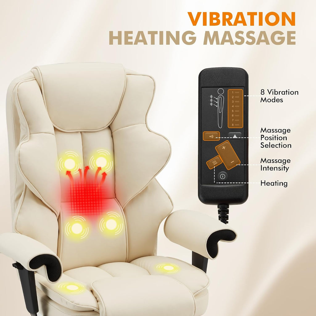 HOMREST 6-Point Massage Executive Chair,Heat Office Chair,Ergonomic Home Office Desk Chairs with Retractable Footrest and Reclining Function,Leather Computer Chair with Adjustable Armrest(‌Off White)
