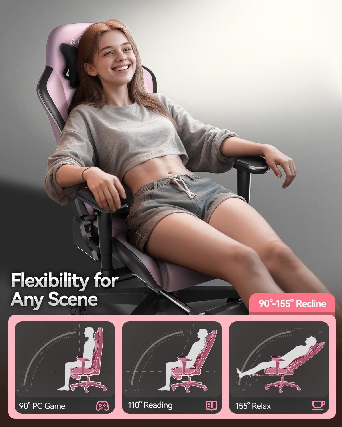 AutoFull C3 Gaming Chair, Racing Style Gaming Chair with Ergonomic Lumbar Support,Adjustable High Back PU Leather PC Chair with Footrest,Pink