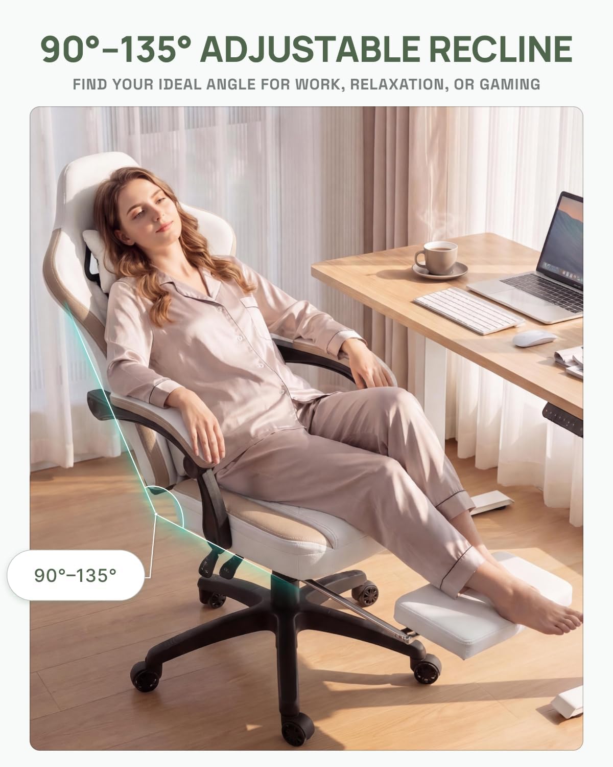 Dowinx Gaming Chair Breathable Fabric Computer Chair with Pocket Spring Cushion, Comfortable Office Chair with Gel Pad and Storage Bag,Massage Game Chair with Footrest,Beige