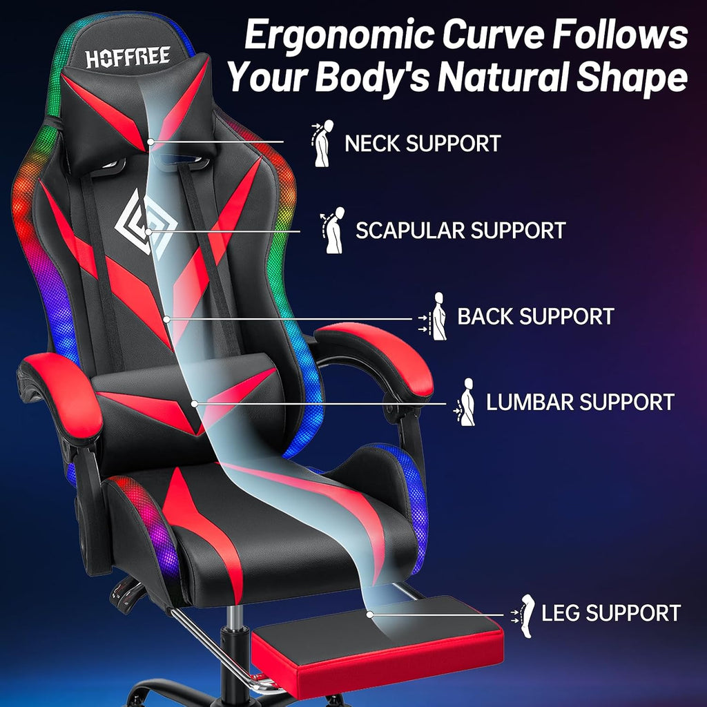 HOFFREE Gaming Chair Massage with Bluetooth Speakers and Led Lights Ergonomic Computer Gaming Chair with Footrest RGB Video Game Chair with High Back Lumbar Support Red and Black