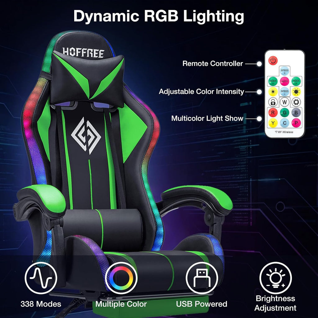 HOFFREE RGB Gaming Chair with Speakers Massage Computer Gaming Chair with LED Lights and Footrest High Back Video Game Chair for Adults Green and Black