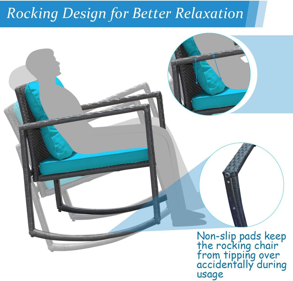 COSTWAY 3 Pieces Patio Rattan Rocking Chair Set, Outdoor Conversation Furniture Sets with Coffee Table, Storage Shelf and Cushions, Modern Bistro Set for Porch, Backyard, Garden, Turquoise
