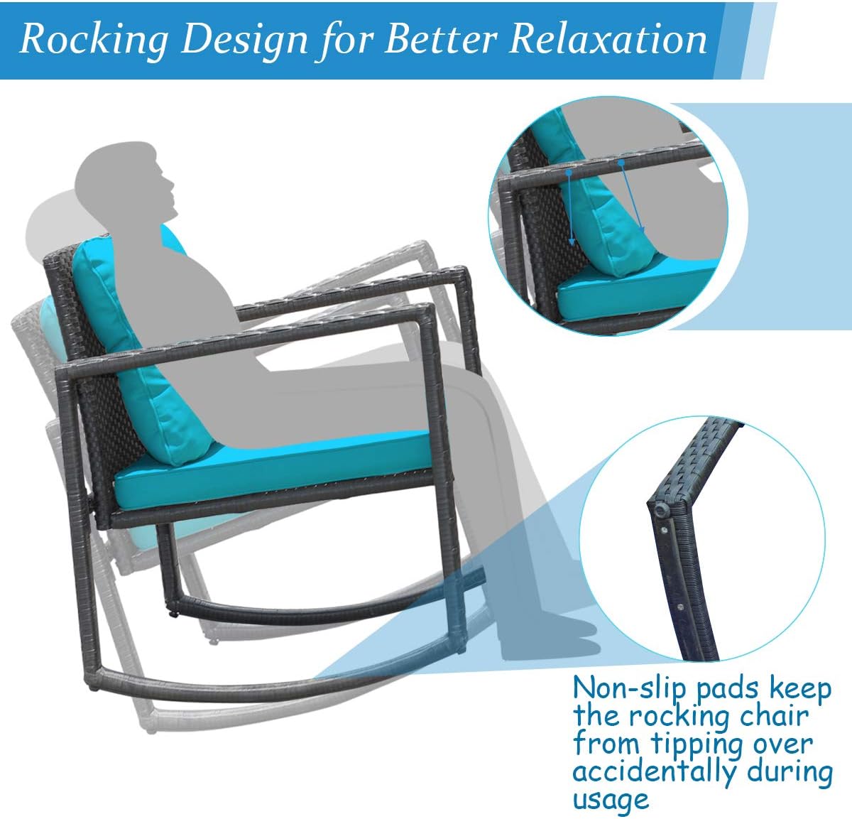 COSTWAY 3 Pieces Patio Rattan Rocking Chair Set, Outdoor Conversation Furniture Sets with Coffee Table, Storage Shelf and Cushions, Modern Bistro Set for Porch, Backyard, Garden, Turquoise