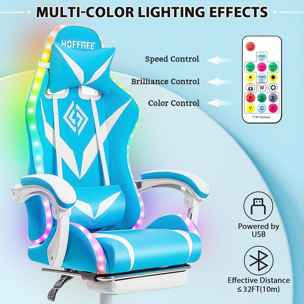 Gaming Chair with Bluetooth Speakers and RGB LED Lights Ergonomic Massage Computer Gaming Chair with Footrest Video Game Chair High Back with Lumbar Support Light Blue and White